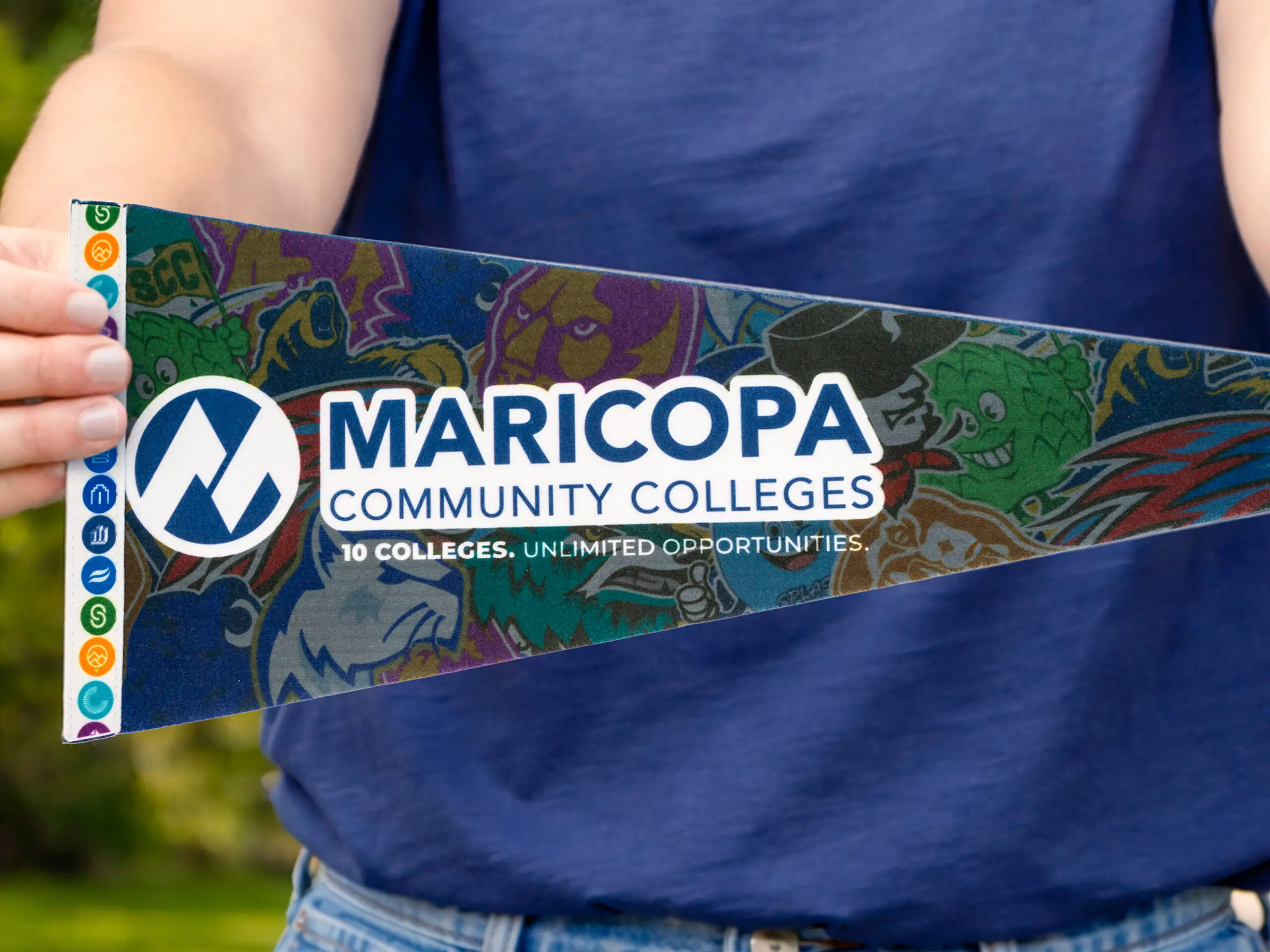 Closeup of flag held by a Maricopa Community College student