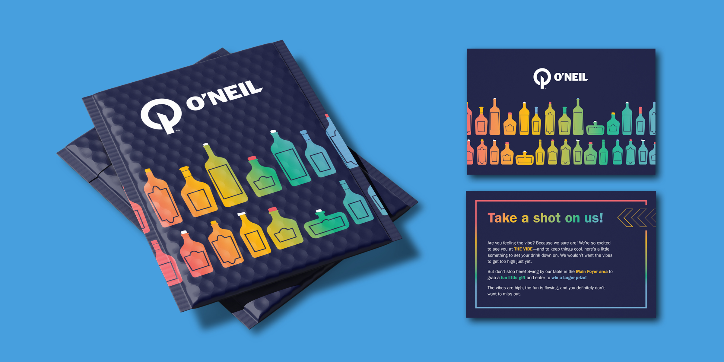 VIBE Bubble Mailer and Card on a blue background