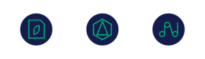 Three green line-style icons on dark navy circles represent sustainability themes: eco-friendly materials (leaf and paper), structural integrity or innovation (geometric structure), and data or process optimization (connected nodes or analytics)