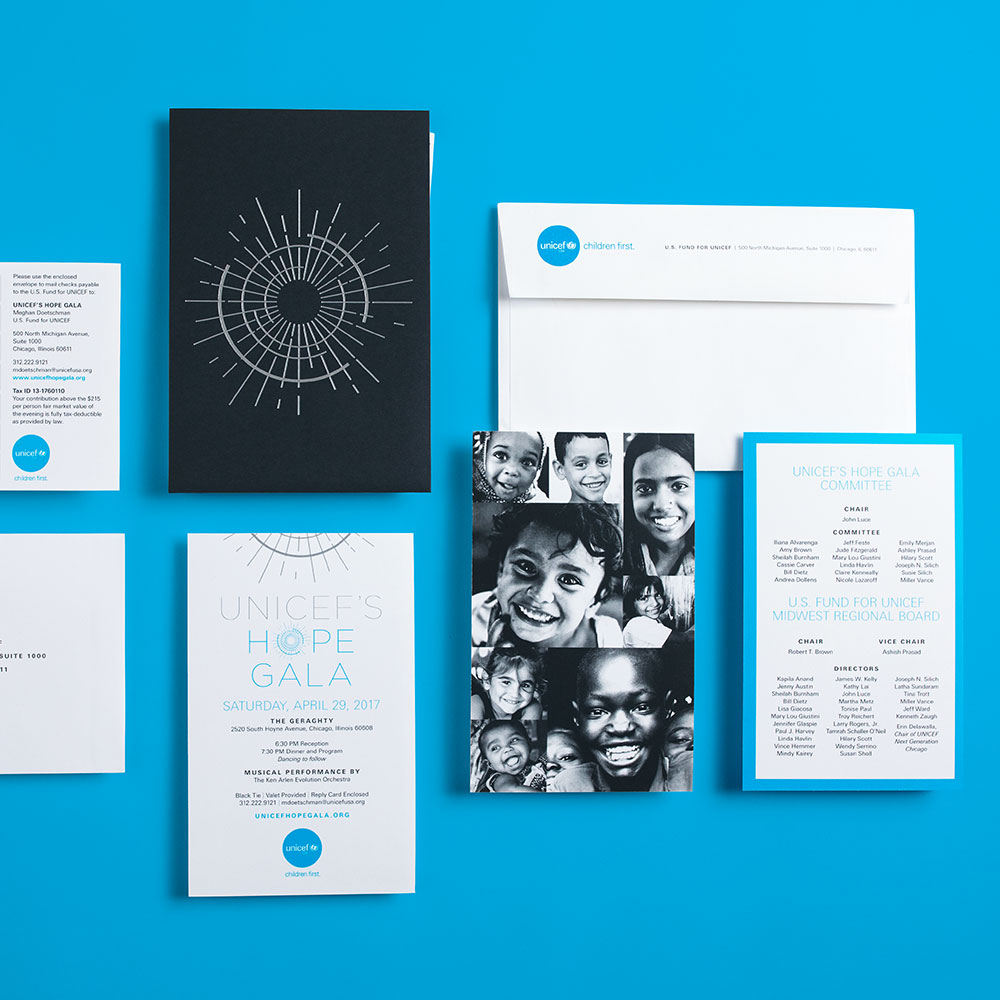 Various collateral from the UNICEF Hope Gala invitation set