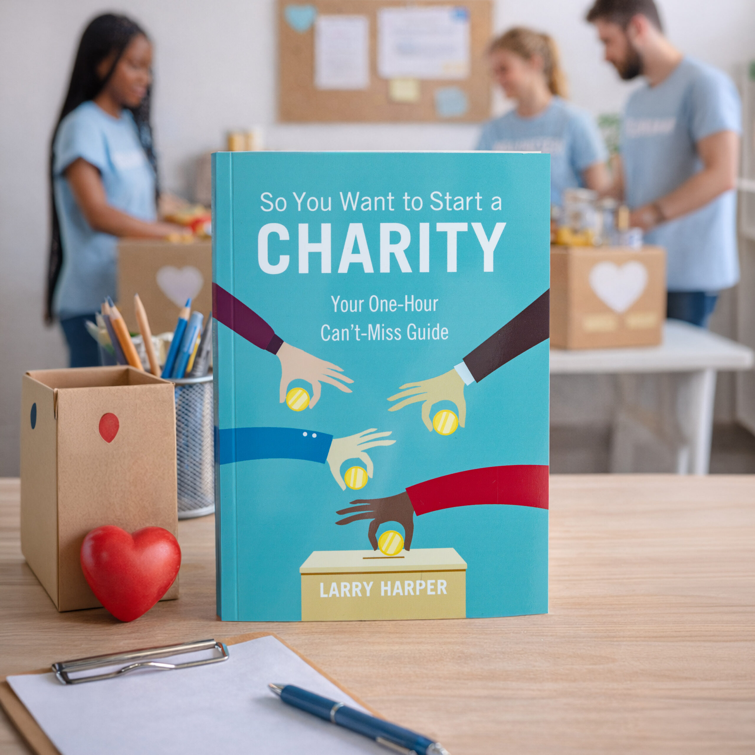 "So You Want to Start a Charity" book on a desk in front of three people working together in the background