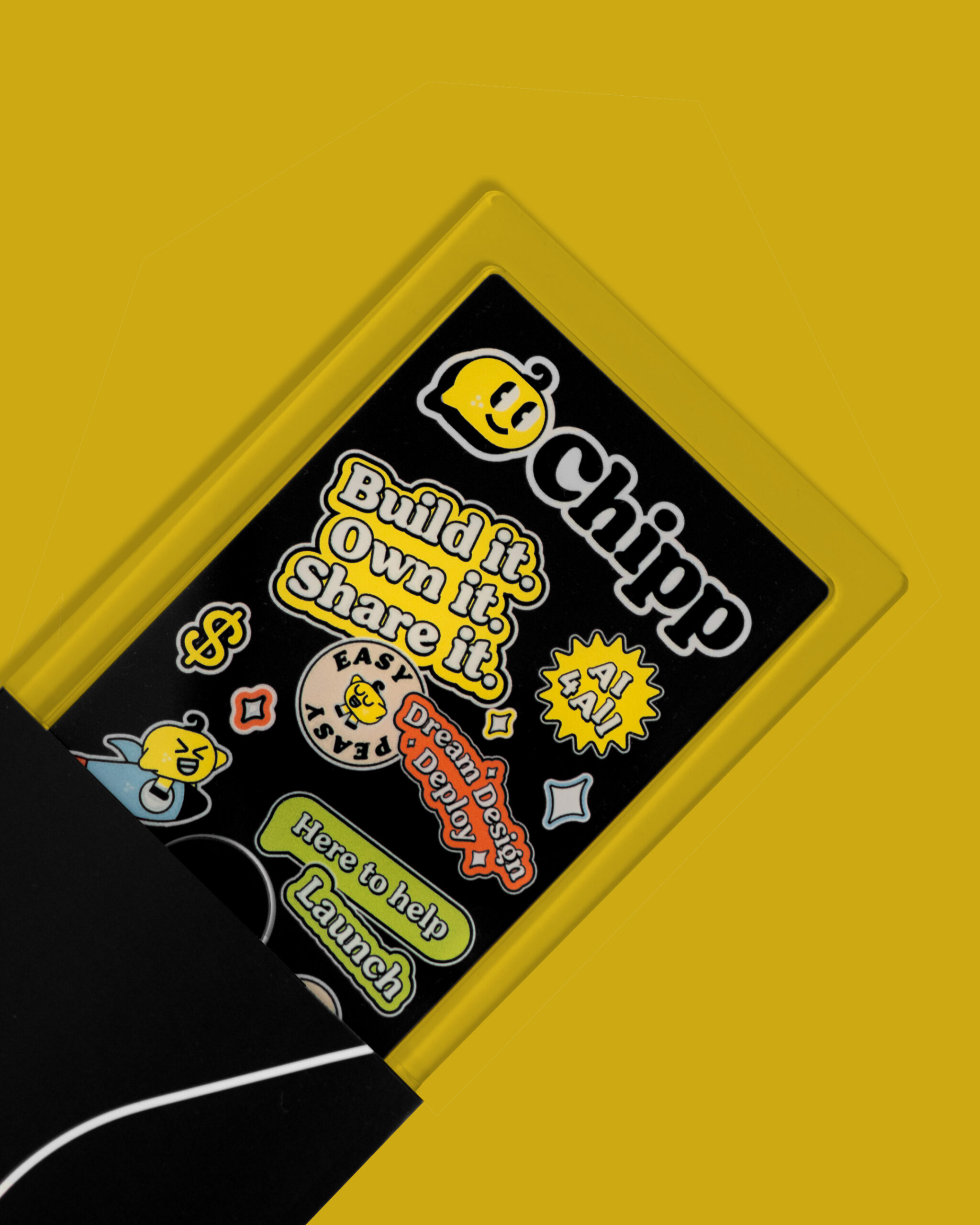 Chipp NFC phone stand peeking out from the top of the wrap on a yellow background