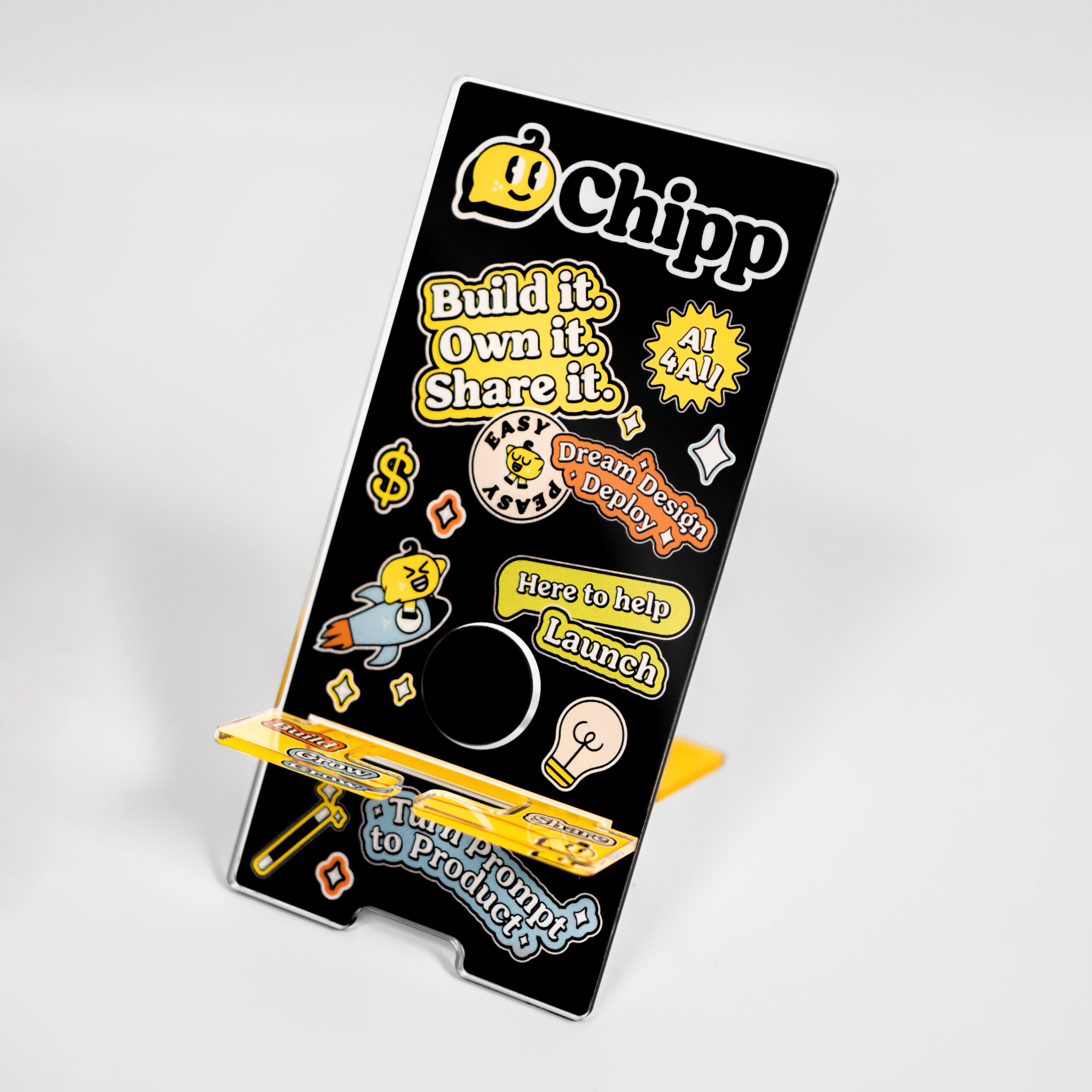 Chipp NFC phone stand assembled and on a white background