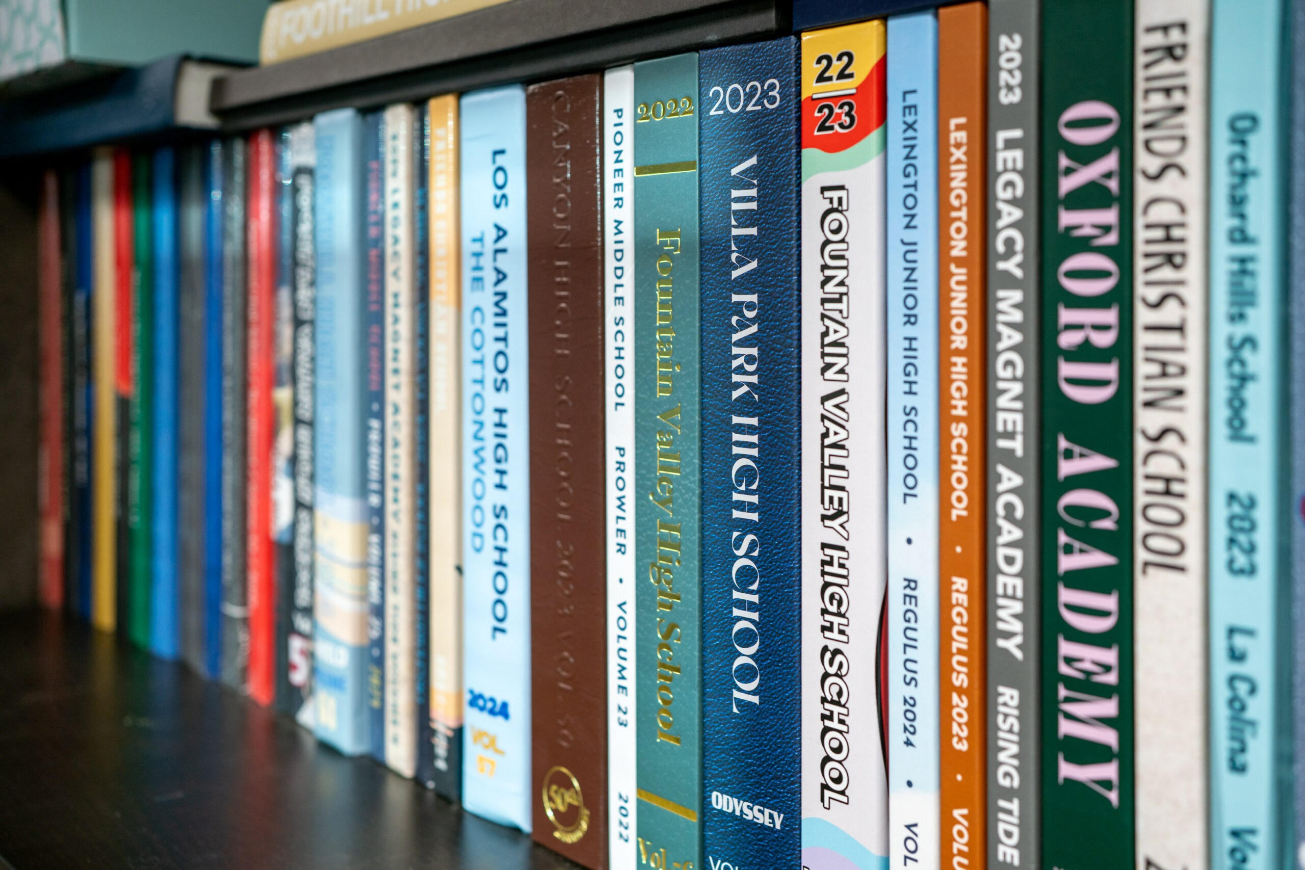 Lined up books on a shelf showing the different spines
