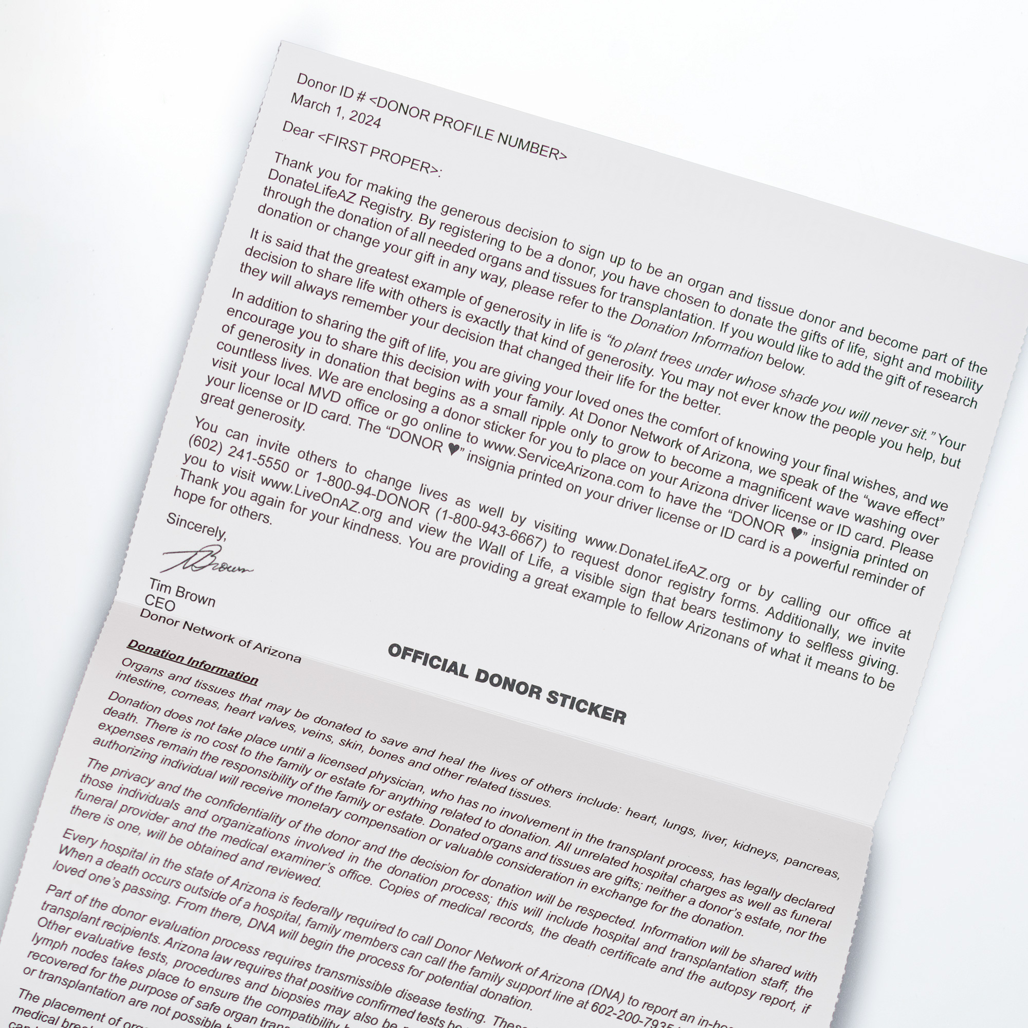 Donor Network mailer back side, flat on white tabletop