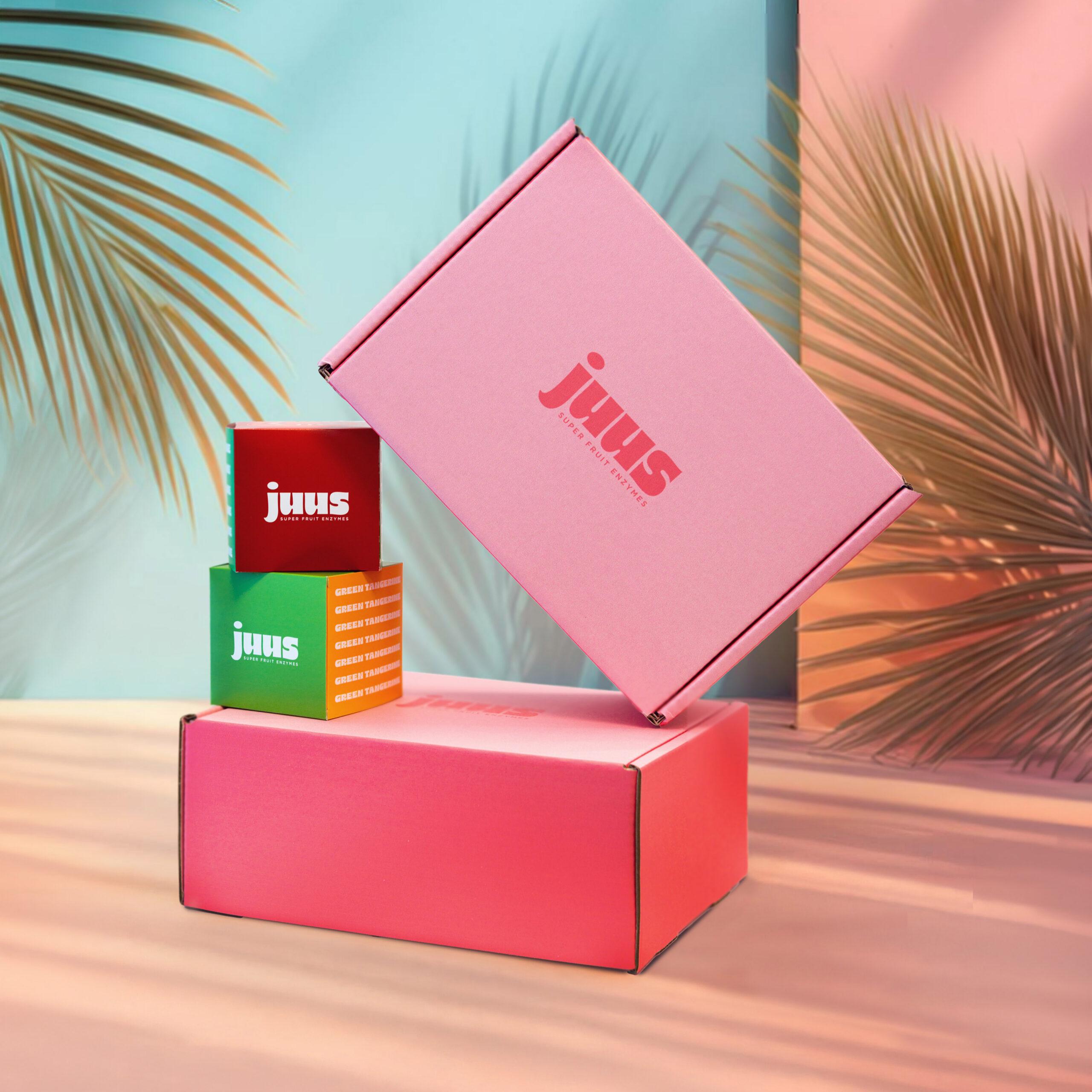 Juus packaging stack with palm fronds square