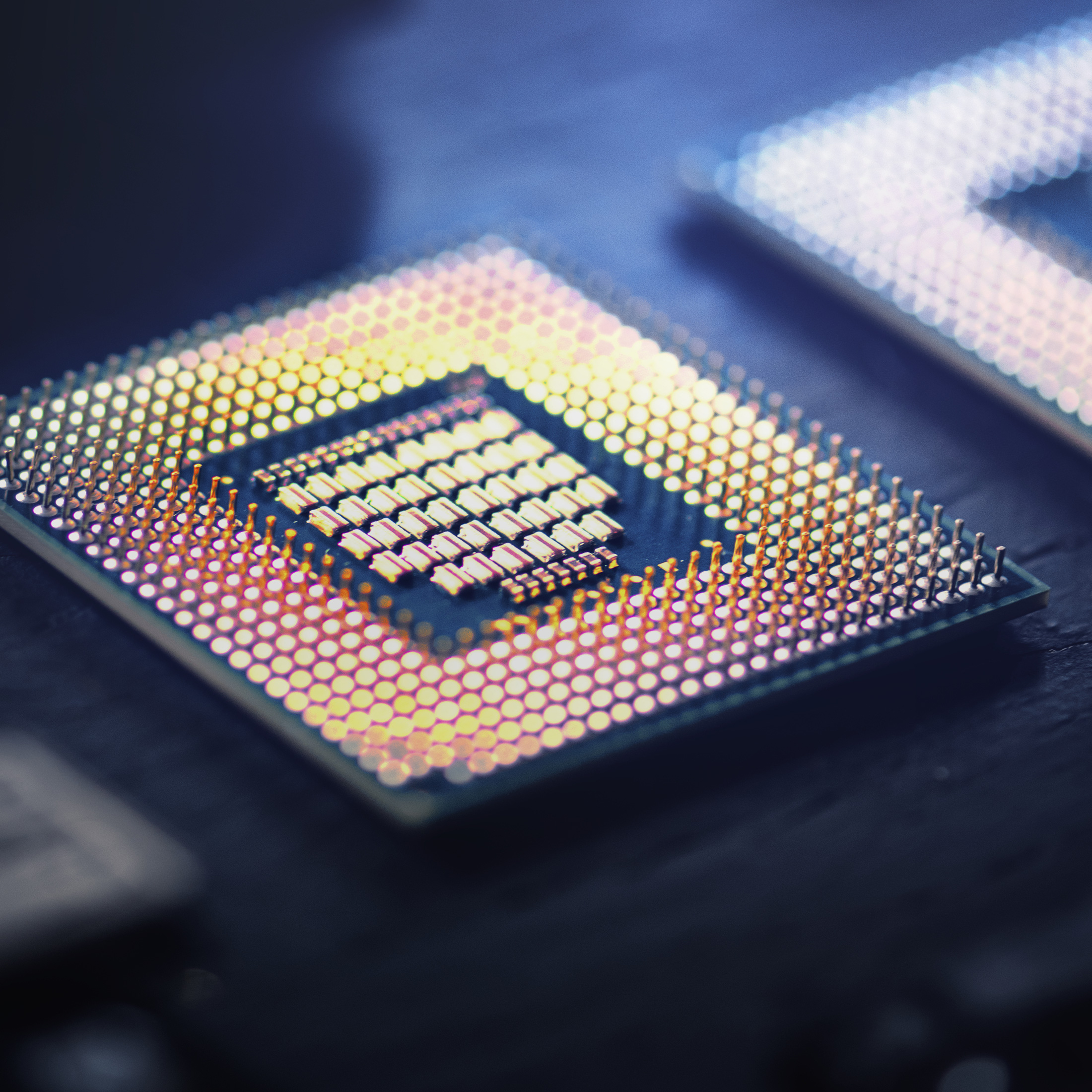 Closeup of a smart microchip on a motherboard