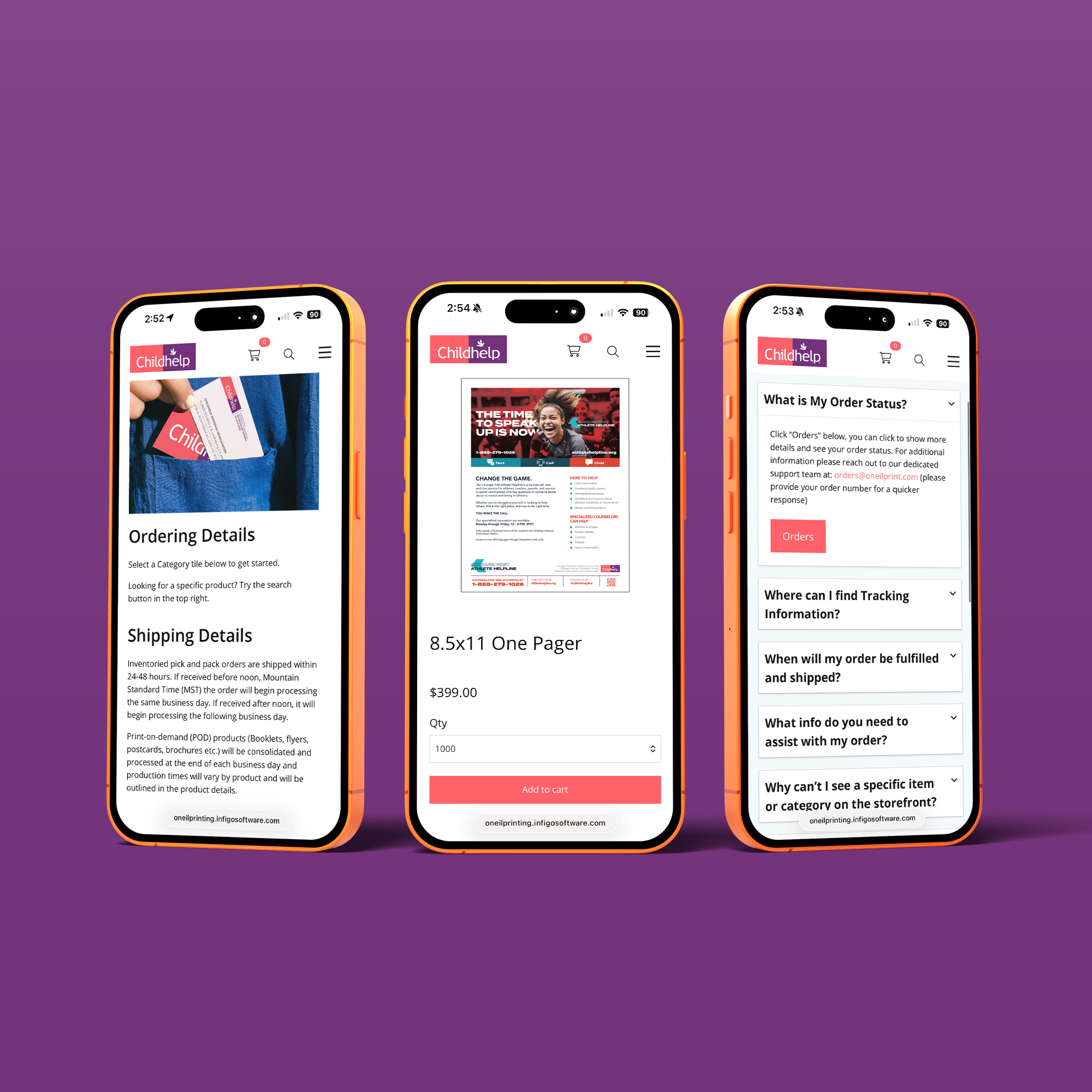 Three phones showing different pages of the Childhelp online store website